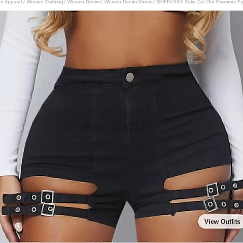 Shein High-waisted  Double Silver Buckle Black Cutout  Retro Shorts 31